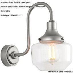 Loops Ip44 Outdoor Wall Light - Brushed Slilver Swan Neck Lamp - Clear Glass Shaped Shade - Garage Porch - thumbnail 2