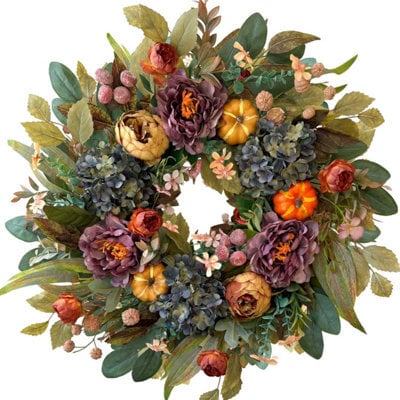 Amorly 50Cm Harvest Front Door Wreath, Hydrangea Peony & Pumpkin Farmhouse Wreath, Thanksgiving Decor, Indoor Outdoor Home Gift - image 1