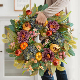 Amorly 50Cm Harvest Front Door Wreath, Hydrangea Peony & Pumpkin Farmhouse Wreath, Thanksgiving Decor, Indoor Outdoor Home Gift - thumbnail 6