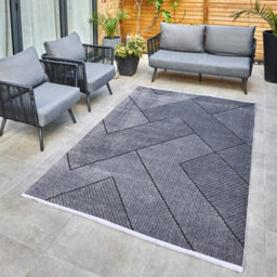 Charcoal Outdoor Rug, Geometric Striped Stain-Resistant Rug For Patio Decks, 3mm Modern Outdoor Area Rug-190Cm X 290Cm - thumbnail 3