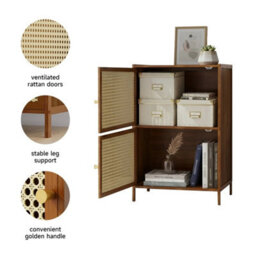 2-Tier Bookcase Shelf Rattan Doors Bamboo Storage - thumbnail 3