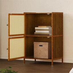 2-Tier Bookcase Shelf Rattan Doors Bamboo Storage - thumbnail 5