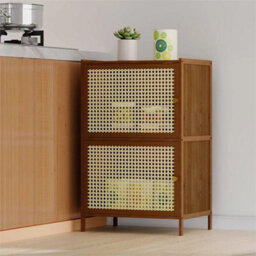 2-Tier Bookcase Shelf Rattan Doors Bamboo Storage - thumbnail 4