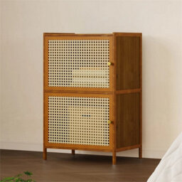 2-Tier Bookcase Shelf Rattan Doors Bamboo Storage - thumbnail 6