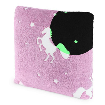 Wicked Gizmos Glow In The Dark Cushion Pink Super Soft Plush Fleece Pillow With Unicorn Print For Bed Sofa Couch And Bedroom Comfort - image 1