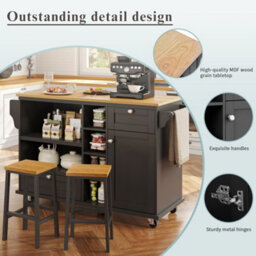 Matteo Modern Black Mobile Kitchen Island Trolley 129Cm With Light Brown Wood Effect Top, Drawers & Storage Cupboards - thumbnail 8