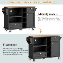 Matteo Modern Black Mobile Kitchen Island Trolley 129Cm With Light Brown Wood Effect Top, Drawers & Storage Cupboards - thumbnail 7