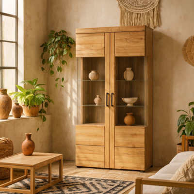 Wyld Haus Larkwood Tall Wide 2-Door Glazed Grandson Oak Display Cabinet - image 1