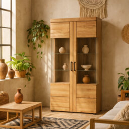 Wyld Haus Larkwood Tall Wide 2-Door Glazed Grandson Oak Display Cabinet