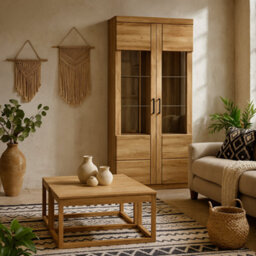 Wyld Haus Larkwood Tall Wide 2-Door Glazed Grandson Oak Display Cabinet - thumbnail 2