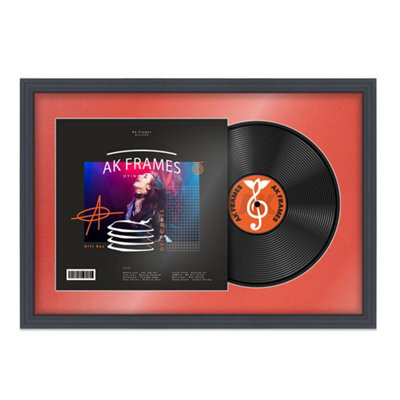 "AK Frames 25X17"" Dark Grey Step Vinyl Record Frame With Poppy Red Mount For 12 Inch Lp Cover & Disc - Overlapped Design" - image 1