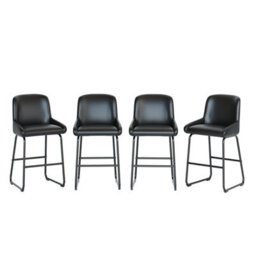 Set Of 4 Modern Counter Height Bar Stools, Armless Pu Leather Bar Chairs With Backrest, Footrest & Sturdy Metal Frame, Black