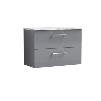 Nuie Arno Wall Hung 2-Drawer Modern Vanity Unit With Satin Grey Laminate Worktop, Stylish Counter Top Vanity Unit In Satin Grey