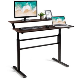 Height Adjustable Standing Desk 2-Tier Computer Table W/ Foldable Handle Brown - thumbnail 3