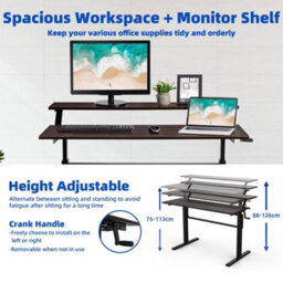 Height Adjustable Standing Desk 2-Tier Computer Table W/ Foldable Handle Brown - thumbnail 6