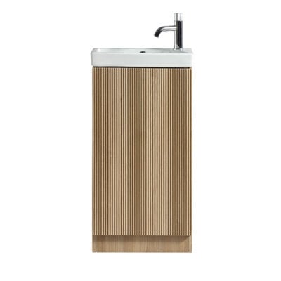 FNX Bathrooms Fluted Mini Cloakroom Vanity Unit With Basin Floor Standing Soft Close Door Integrated Storage - Country Oak - image 1