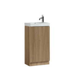 FNX Bathrooms Fluted Mini Cloakroom Vanity Unit With Basin Floor Standing Soft Close Door Integrated Storage - Country Oak - thumbnail 3