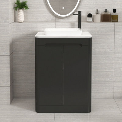 Royal Bathrooms Venice 600mm Matt Nocturne Black Freestanding Bathroom Countertop Vanity Unit 2 Door With Qubix Basin - image 1