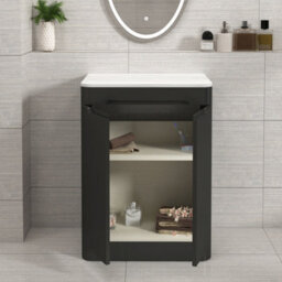 Royal Bathrooms Venice 600mm Matt Nocturne Black Freestanding Bathroom Countertop Vanity Unit 2 Door With Qubix Basin - thumbnail 5