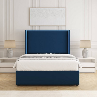 Bsspoke Austin Divan Bed Set Blue Plush Velvet 54Inch Wingedback Headboard & Mattress & No Drawers In 3Ft 4Ft 4Ft6 5Ft 6Ft - image 1