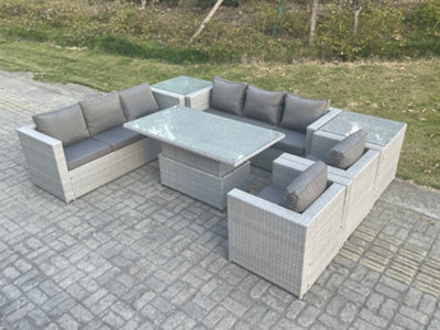 Fimous Rattan Garden Funiture Set Adjustable Rising Lifting Table Sofa Dining Set Lounge Sofa 2 Arm Chair 2 Side Table - image 1