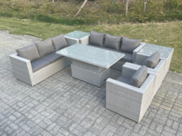 Fimous Rattan Garden Funiture Set Adjustable Rising Lifting Table Sofa Dining Set Lounge Sofa 2 Arm Chair 2 Side Table - thumbnail 2