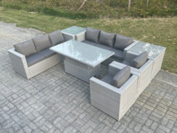 Fimous Rattan Garden Funiture Set Adjustable Rising Lifting Table Sofa Dining Set Lounge Sofa 2 Arm Chair 2 Side Table - thumbnail 3