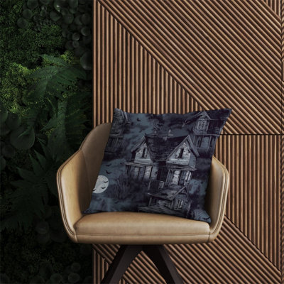 Warren Reed Designer Spooky Shadowy Haunted House Outdoor Cushion 60Cm X 60Cm