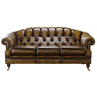 Chesterfield 3 Seater Sofa Settee Antique Gold Leather In Victoria Style - image 1