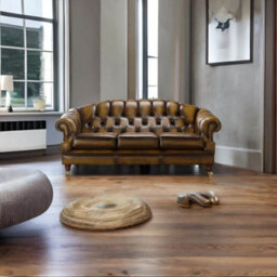 Chesterfield 3 Seater Sofa Settee Antique Gold Leather In Victoria Style - thumbnail 3