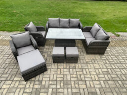 Fimous Rattan Outdoor Garden Furniture Sets Height Adjustable Rising Lifting Dining Table Sofa Set With Footstools - thumbnail 2