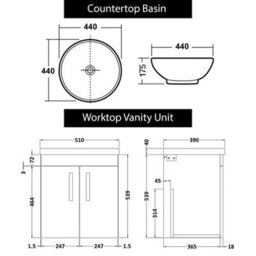 Royal Bathrooms Turin 500mm Wall Hung Vanity Unit 2 Door Grey Elm & Countertop Basin - Breeze - thumbnail 6