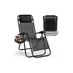 H4H Zero Gravity Reclining Garden Chair With Cup Holder Black Folding Outdoor Lounger Adjustable Headrest Textoline Camping Chair