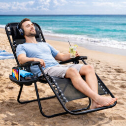 H4H Zero Gravity Reclining Garden Chair With Cup Holder Black Folding Outdoor Lounger Adjustable Headrest Textoline Camping Chair - thumbnail 5