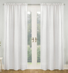Tyrone Textiles Pair Of Tahiti White Pom-Pom Trim Linen Look Voile Panels With Rod Pocket Header 137 Cms - thumbnail 5