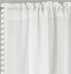 Tyrone Textiles Pair Of Tahiti White Pom-Pom Trim Linen Look Voile Panels With Rod Pocket Header 137 Cms - thumbnail 2