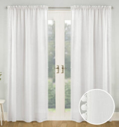 Tyrone Textiles Pair Of Tahiti White Pom-Pom Trim Linen Look Voile Panels With Rod Pocket Header 137 Cms