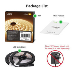 Lepro 12V Led Strip Light (No Power Plug), Warm White 3000K, 60 Leds/m, 5M 2300Lm, Pack Of 2 - thumbnail 5