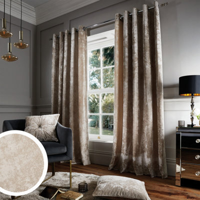 Catherine Lansfield Living Crushed Velvet 66X54 Inch Eyelet Curtains Two Panels Natural