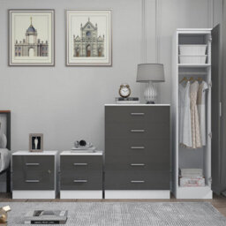 Reflect 1 Door Plain Wardrobe, 5 Drawer Chest, 2X 2 Drawer Bedsides - Grey Gloss & Matt White - Modern Bedroom Furniture Set - thumbnail 4