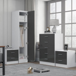 Reflect 1 Door Plain Wardrobe, 5 Drawer Chest, 2X 2 Drawer Bedsides - Grey Gloss & Matt White - Modern Bedroom Furniture Set - thumbnail 2