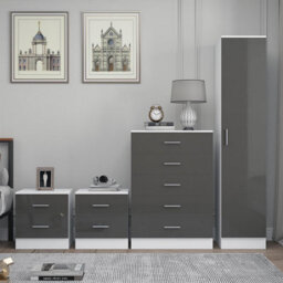 Reflect 1 Door Plain Wardrobe, 5 Drawer Chest, 2X 2 Drawer Bedsides - Grey Gloss & Matt White - Modern Bedroom Furniture Set - thumbnail 3