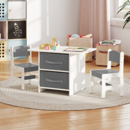 Costway Kids Table And Chair Set Toddler Wooden Activity Table & 2 Chairs-Grey - thumbnail 3