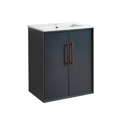 Homestylestore Anthracite 610mm Wall Hung Bathroom Vanity Unit With Basin And Brushed Copper T Bar Handle - image 1