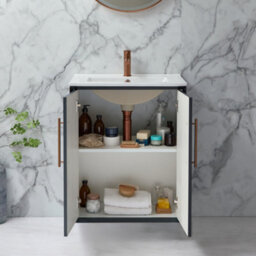 Homestylestore Anthracite 610mm Wall Hung Bathroom Vanity Unit With Basin And Brushed Copper T Bar Handle - thumbnail 2