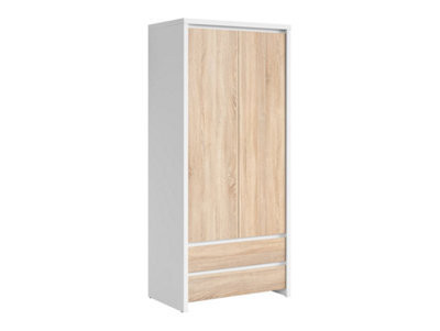 Arte Kaspian White-Oak Fusion 90Cm Double Wardrobe - Scandi Slimline Cupboard - image 1