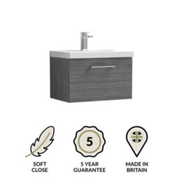 Balterley Bramshall Modern Bathroom Wall Hung 1 Soft Close Drawer Vanity Unit & Mid-Edge Basin, Anthracite, 610mm - thumbnail 6