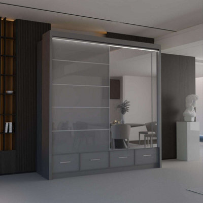 Sliding Wardrobes 4 u LTD Sliding Wardrobes 4U Bradford Modern High Gloss Sliding Door Wardrobe In 3 Colors & Sizes - (Grey - W2080mm, H2200mm) - image 1