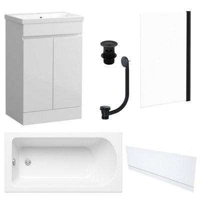 FNX Bathrooms Waterproof 600mm Vanity Unit With Single Ended Bath, Gloss White Front Panel, Matt Black Screen, Bath & Slotted Basin Waste - image 1