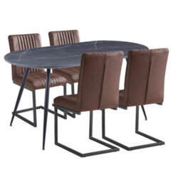 Hallowood Furniture Cullompton Large 160Cm Oval Table, Grey Marble Effect Top, With 4 Brown Leather Effect Chairs - thumbnail 8